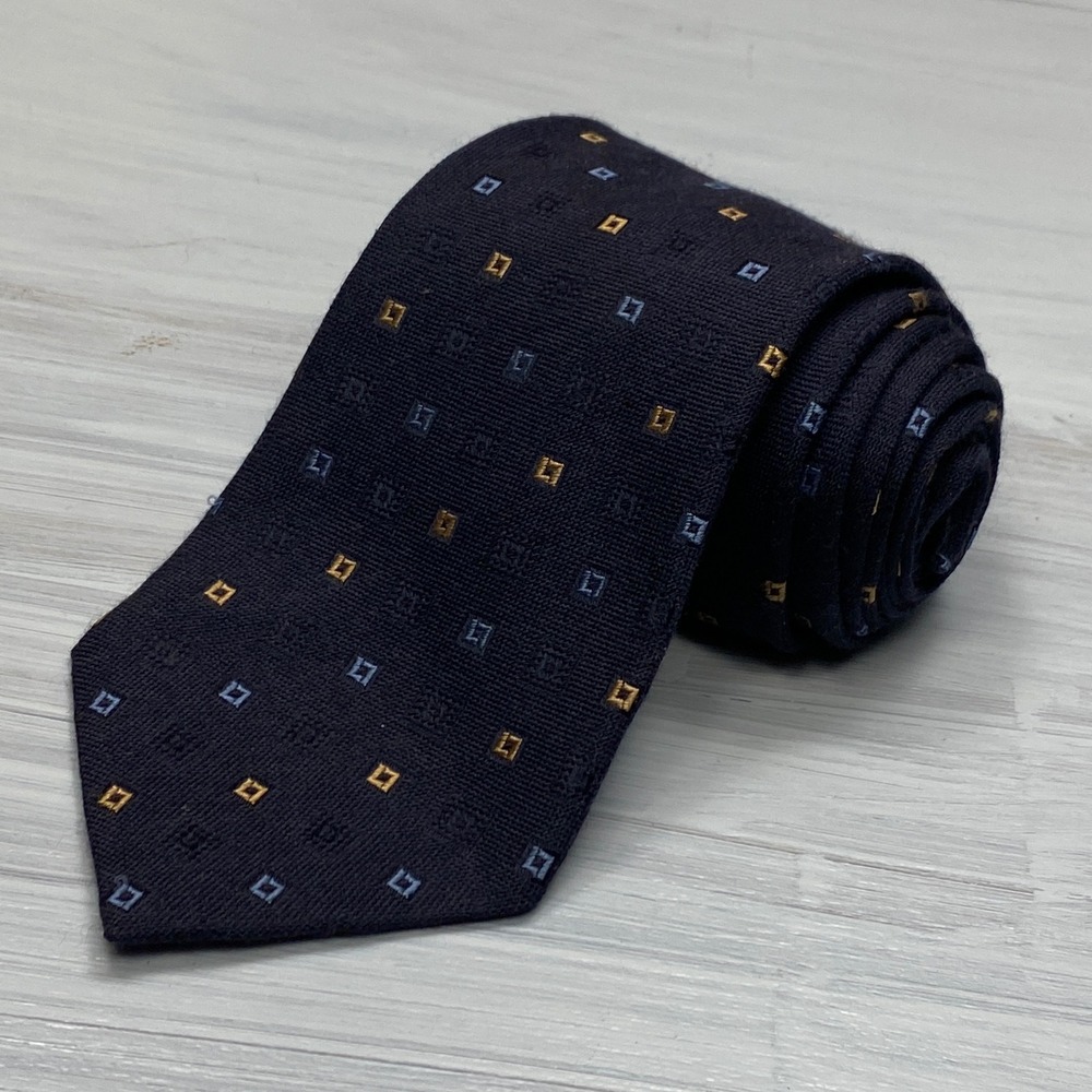Corneliani Tie Mens Navy Blue Silk Wool Geometric Hand Made Italy Professional